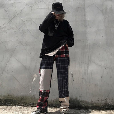 High Waist Plaid Block Color Pants