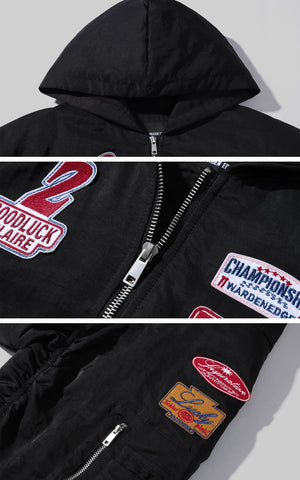 Moto Patch Hooded Cropped Bomber Jacket