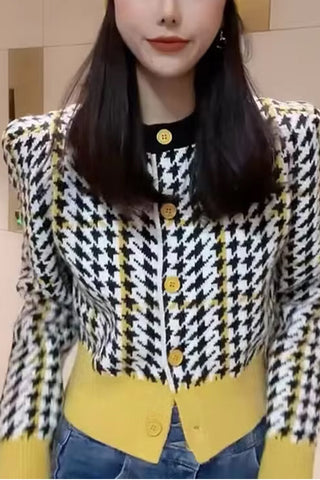 Long Sleeve Cute Colors Houndstooth Cardigan Sweater