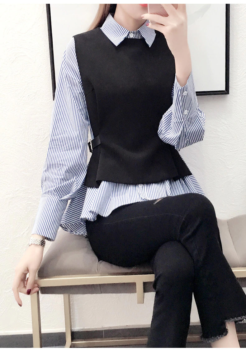 Blue Striped Slim Office Blouse Shirt