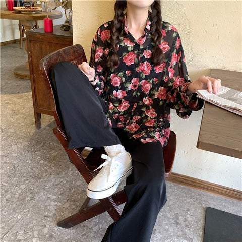 Rose Floral Elegant Retro Loose Blouse Shirt