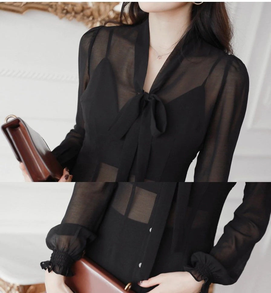 Long Sleeve Sexy V-Neck Bow Thin Transparent Shirt