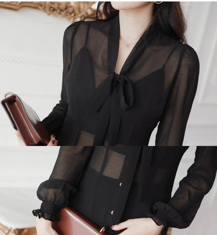 Long Sleeve Sexy V-Neck Bow Thin Transparent Shirt