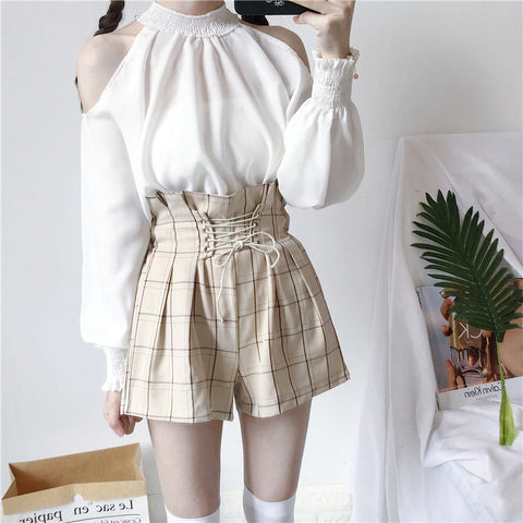 Elastic Waist With Tie Plaid Shorts