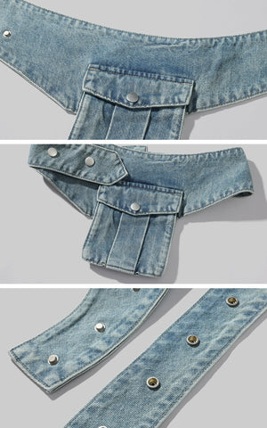 Asymmetric Pocket Flare Denim Skirt with Deconstructed Belt Detail