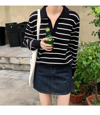 Warm Striped Turn Down Collar Long Sleeve Knitted Sweater