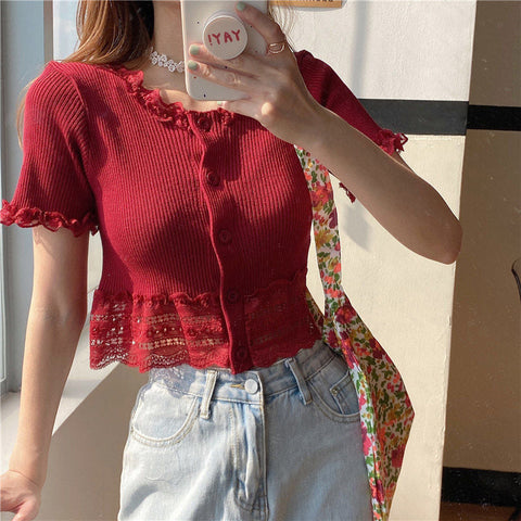 Sweet Ruffle Lace Cropped Slim Shirt
