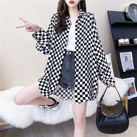 Long Sleeve Casual Chess Plaid Blouse Shirt