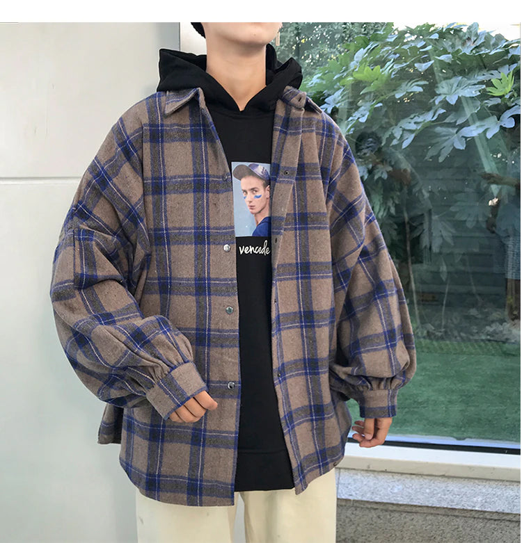 Blue Color Block Plaid Loose Men Fleece Shirt