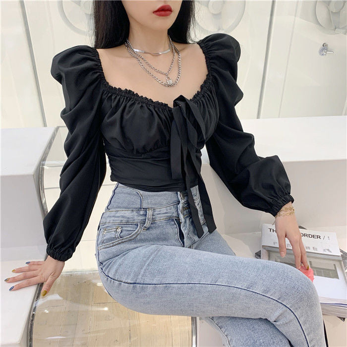 Long Sleeve Sexy Square Collar Bow Crop Tops