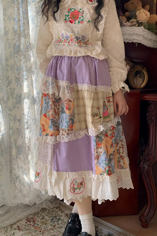 Loose A-Line Flowers Printed Lace Skirts