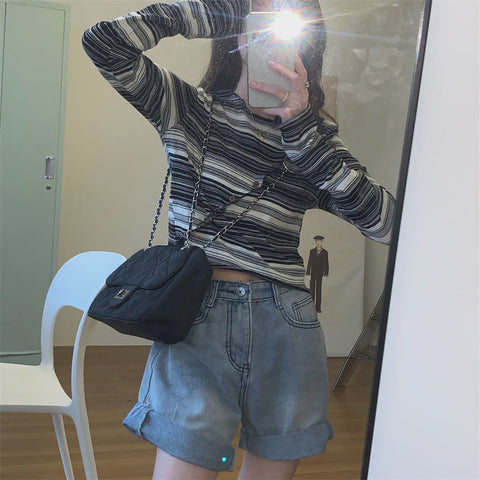 Long Sleeve Slim Black Striped Shirt