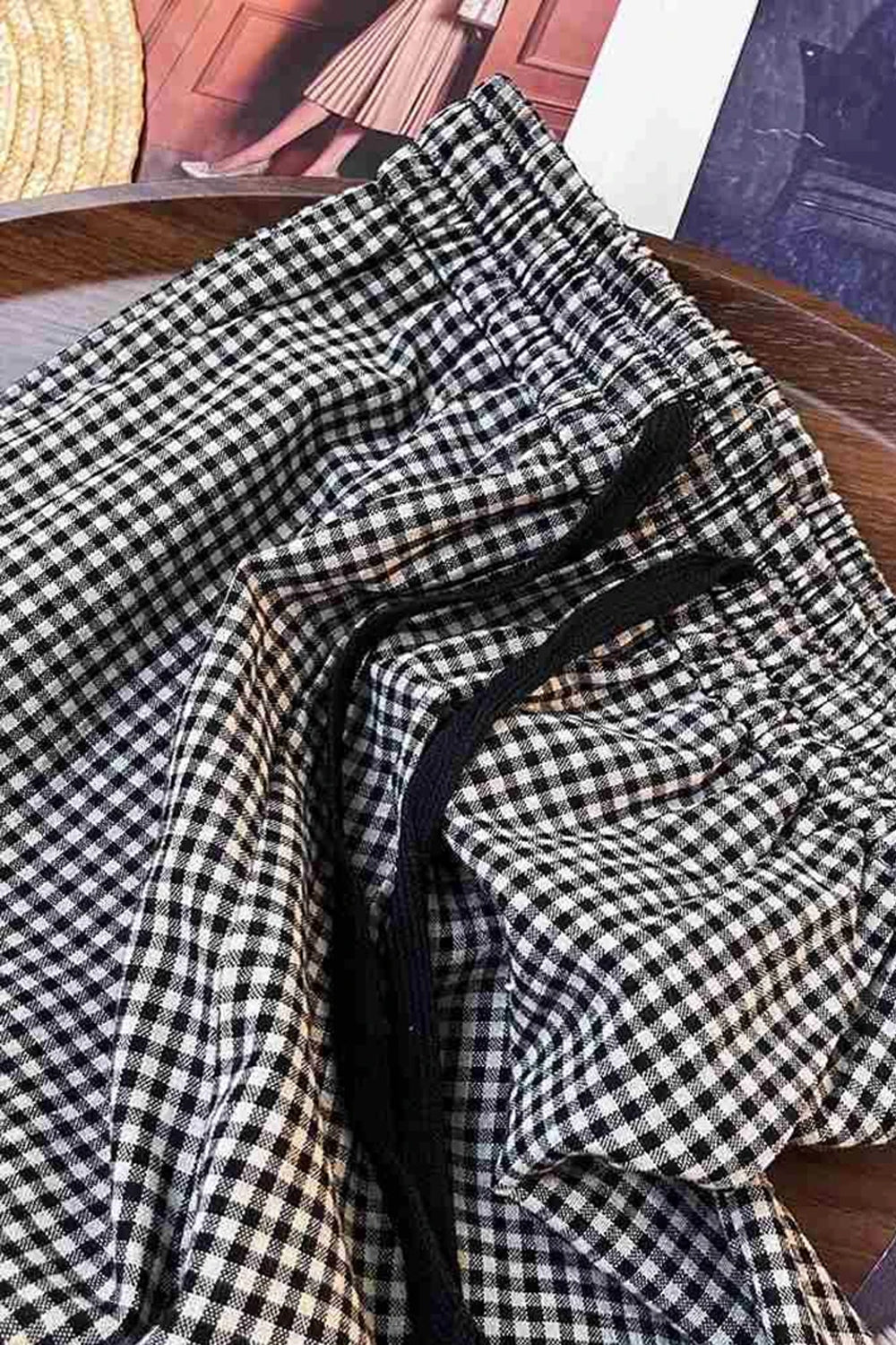 Elastic Waist Drawstring Plaid Pattern Long Pants