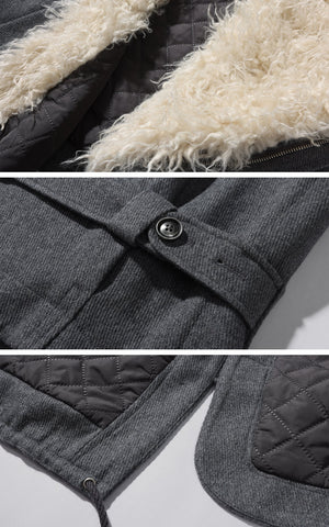 Structured Faux-Shearling Collar Jacket with Asymmetric Wrap Design