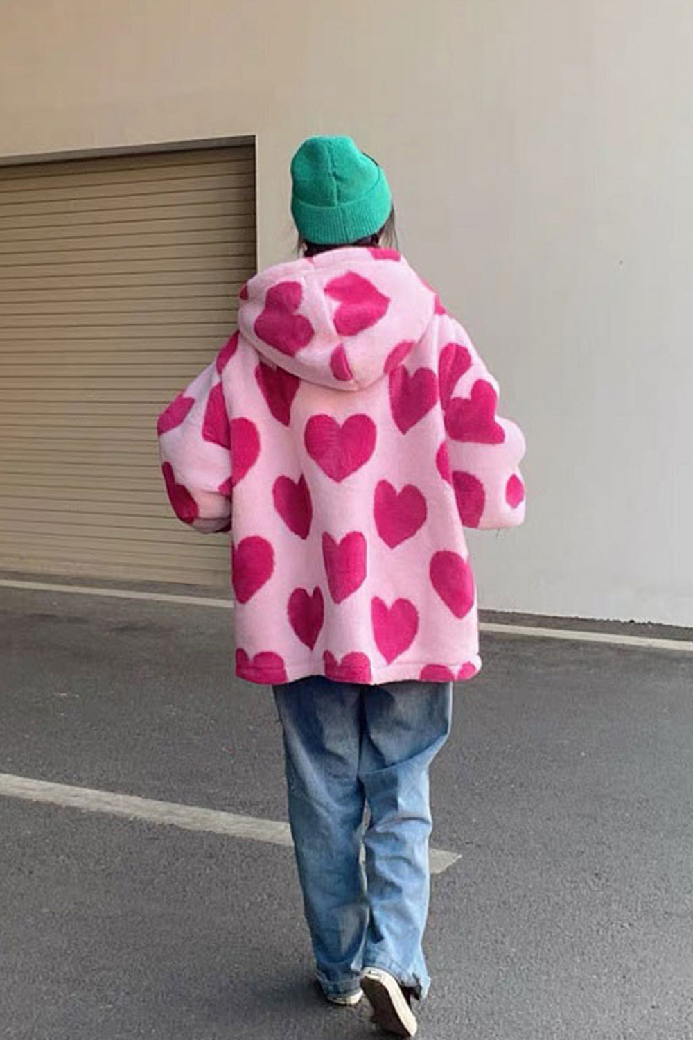 Loose Heart Pattern Warm Fleece Hoodie