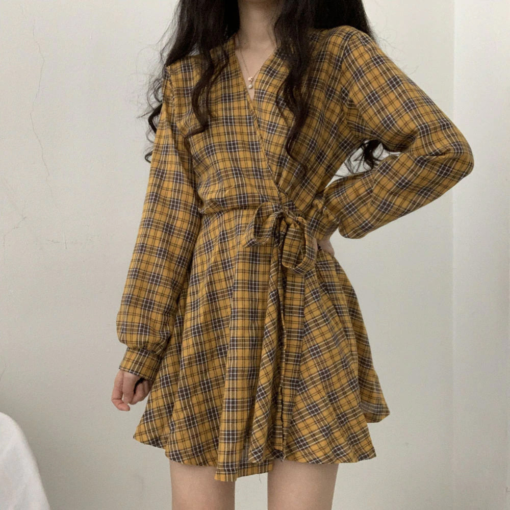 Long Sleeve Cute Bow Plaid Midi Elegant Dress