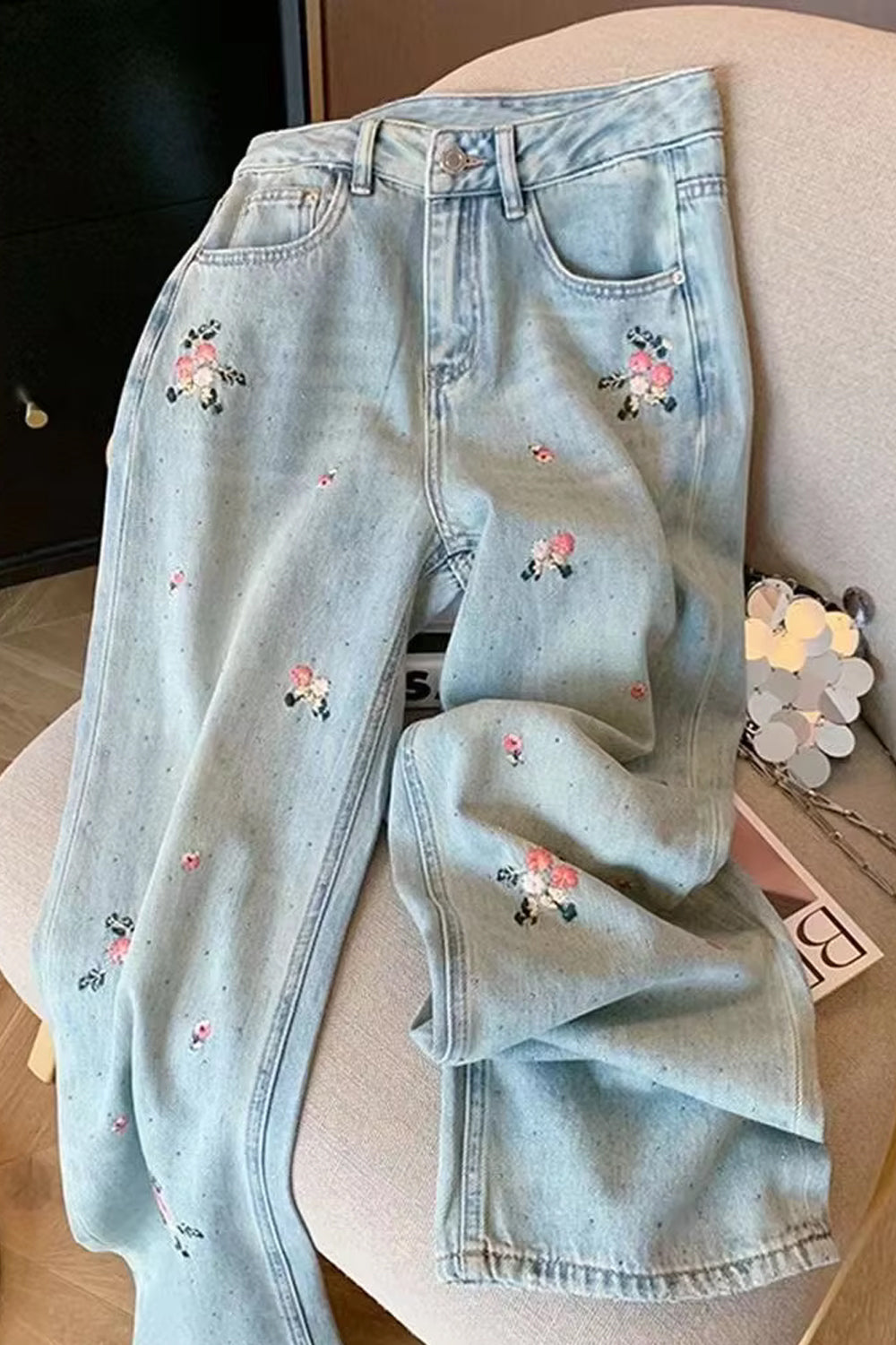 High Waist Flowers Embroidered Long Jeans Pants