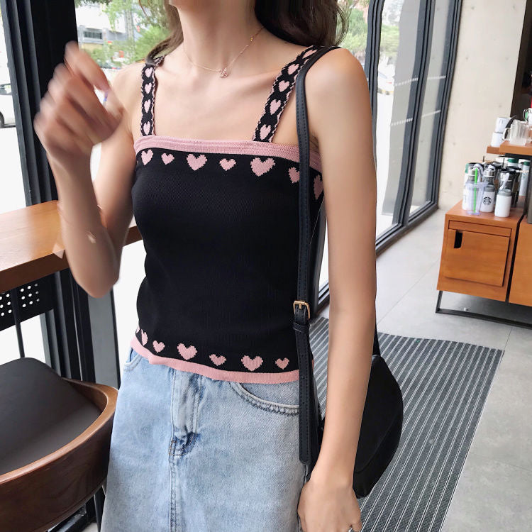 Heart Shape Printed Knitted Camisole Tank Tops