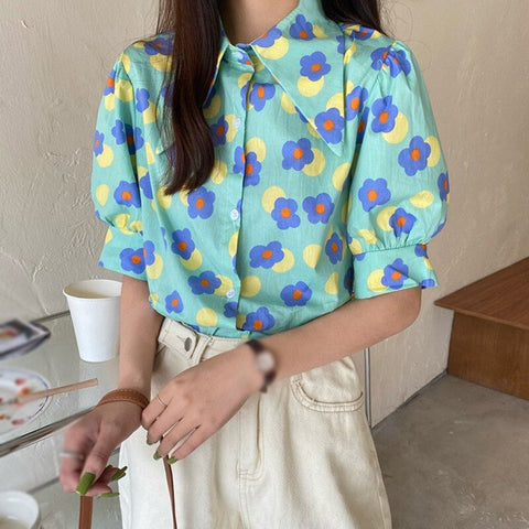 Cartoon Floral Printed Retro Blouse Shirt