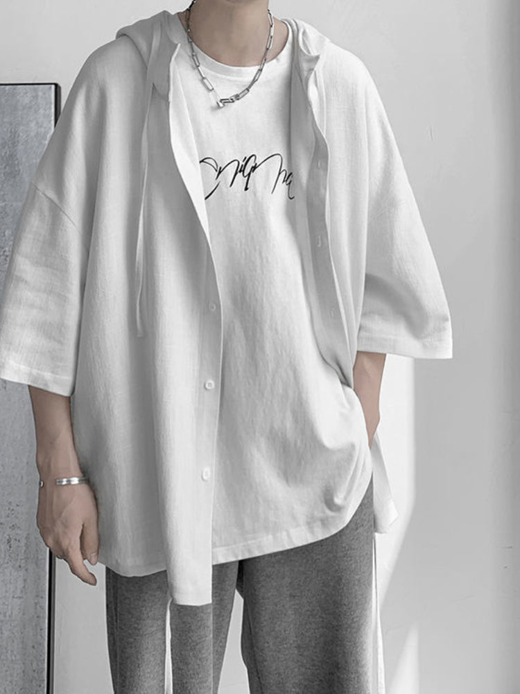 Loose Short Sleeve Hip Hop Men Hooded Shirt