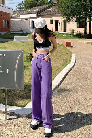 High Waist Loose Casual Purple Jeans Pants