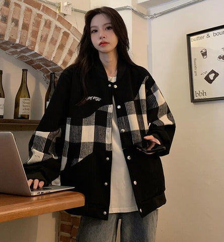 Loose Hip Hop Plaid Baseball Jackets