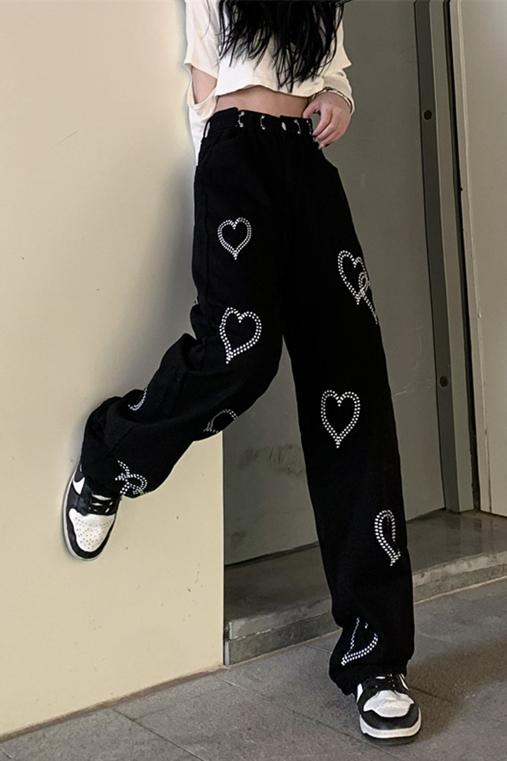 High Waist Heart Pattern Black Long Jeans Pants