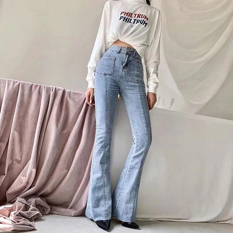 High Waist Rise Buttons Flared Jeans