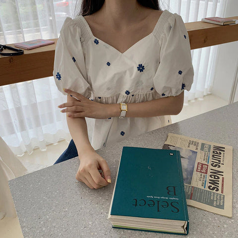 Loose Puff Sleeve V-Neck Floral Blouse Shirt