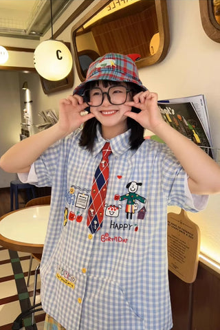 Short Sleeve Cute Pattern Plaid Blouse Shirt
