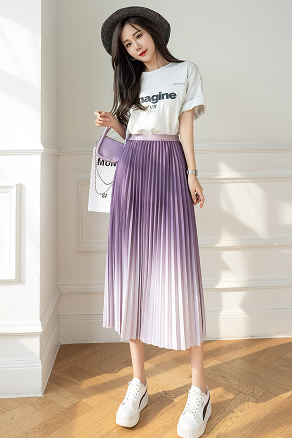 A-Line Gradient Colors Long Pleated Skirts