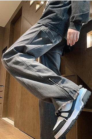 Loose Side Slit Zipper Men Jeans Pants