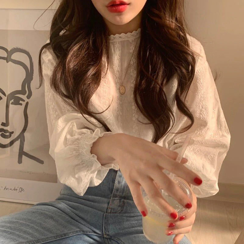 Long Sleeve Lace Embroidered Cotton Linen Shirt