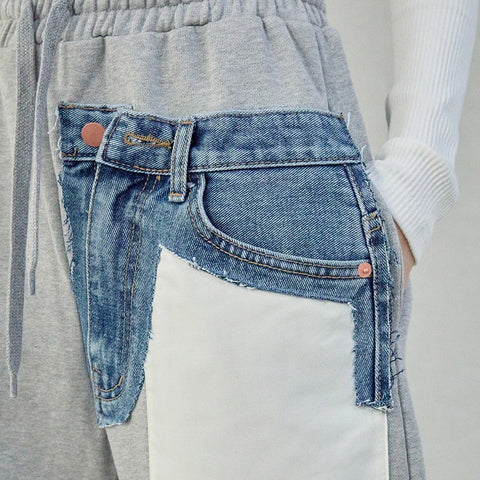 High Waist Denim Pocket Patchwork Loose Pants