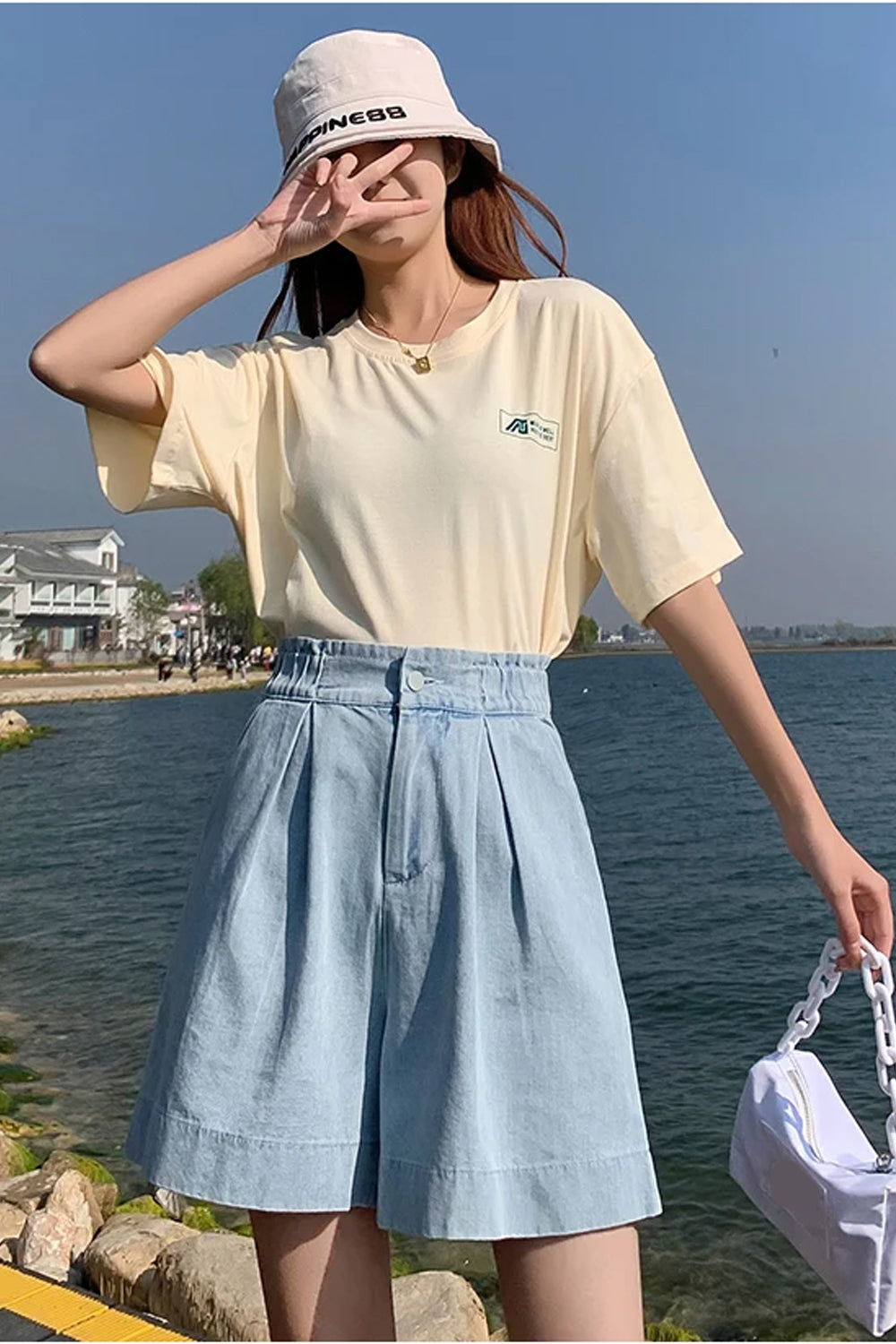 High Waist Knee Length Denim Shorts