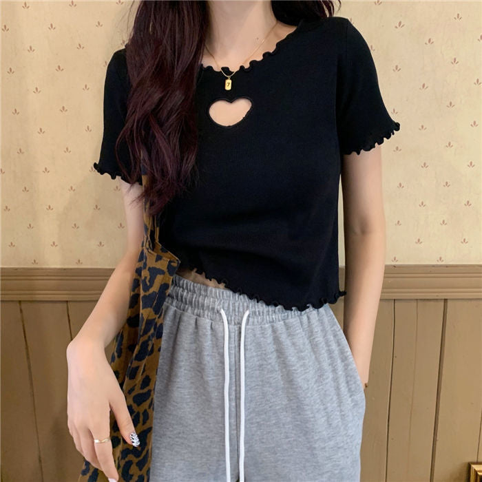 Love Hole Pattern Cropped Slim Shirt