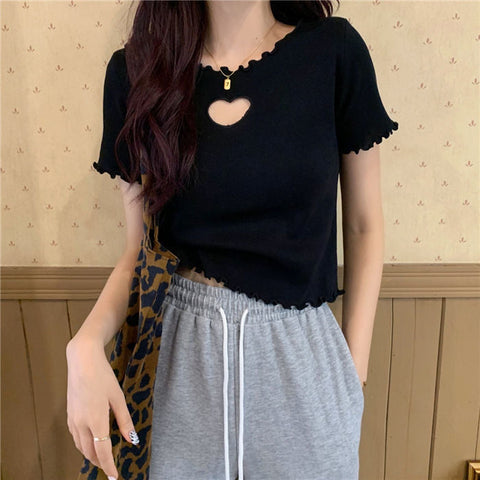 Love Hole Pattern Cropped Slim Shirt