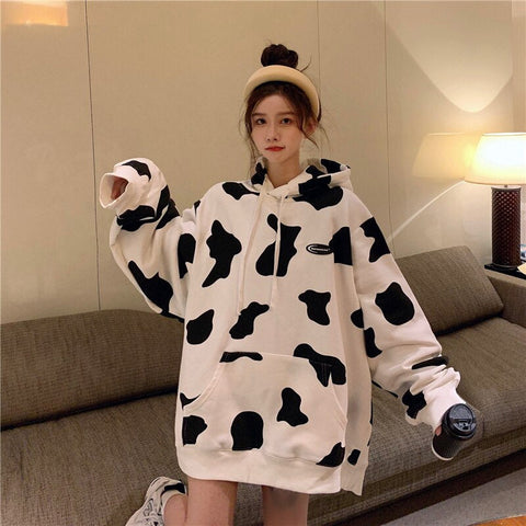 Loose Cow Pattern Hooded Jacket