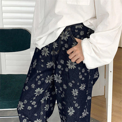 Pantalones vaqueros de pierna ancha con estampado de girasoles