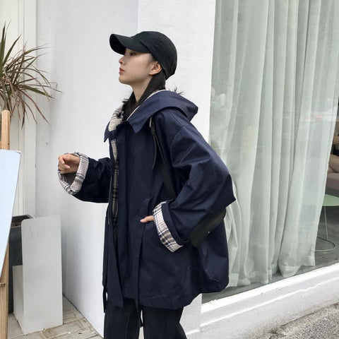 Plaid Adjustable Hooded Trench Jacket