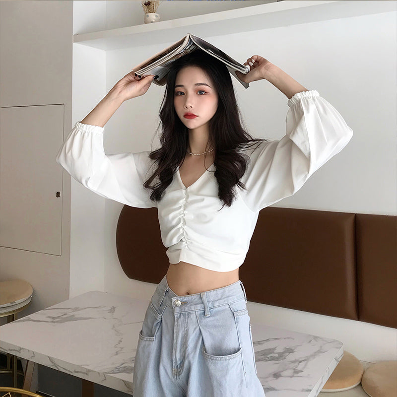 Sexy Elegant V-Neck Long Puff Sleeve Crop Tops