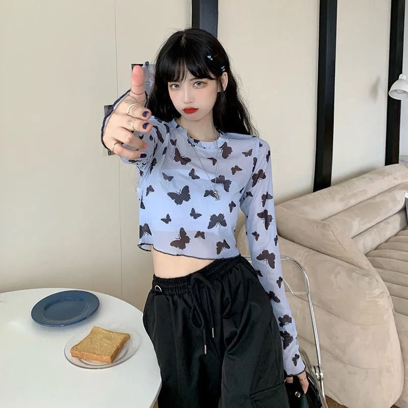 Long Sleeve Butterfly Transparent Mesh Cropped Shirt