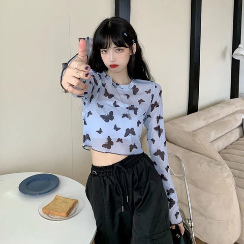 Long Sleeve Butterfly Transparent Mesh Cropped Shirt