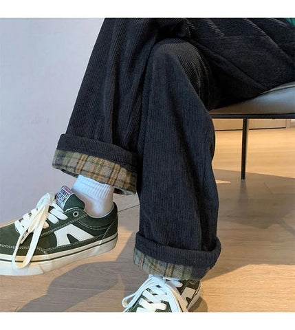 Loose Back Side Plaid Corduroy Long Pants