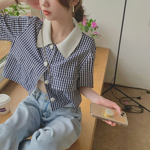 Plaid Design Turn Down Collar Cropped Shirt