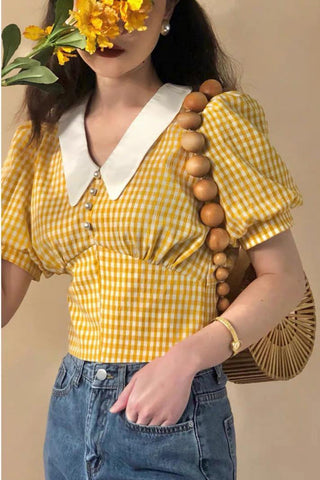 Gelb kariertes Retro-Hemd mit Puffärmeln