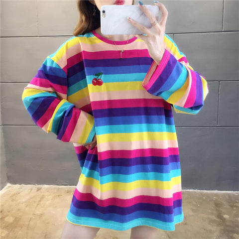 Oversize-Langarmhemd mit Streifen und Früchte-Print 