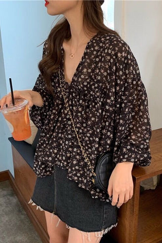 Long Sleeve V-Neck Elegant Flowers Blouse Shirt