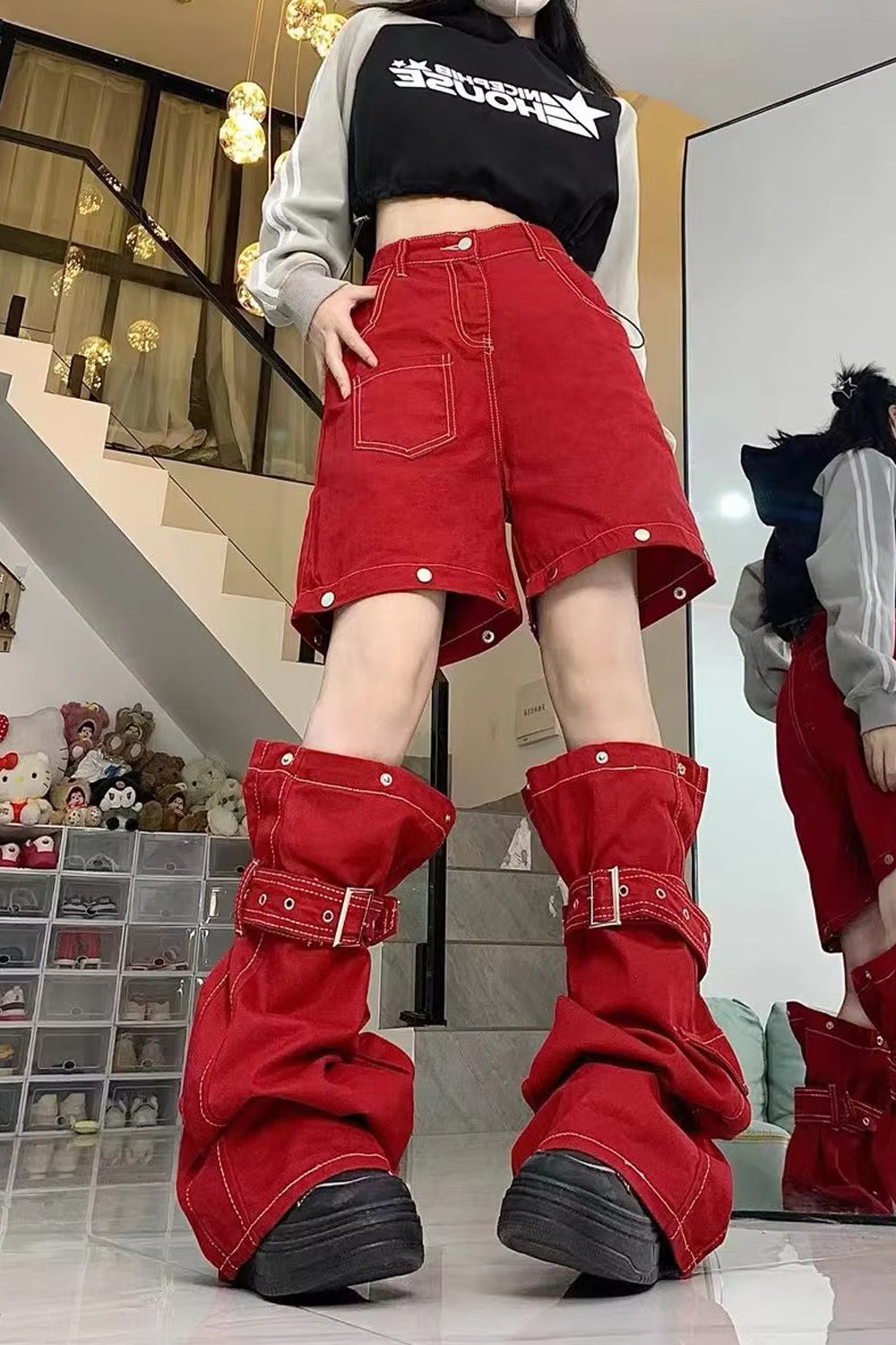Loose Wide Leg Red Detachable Cargo Pants