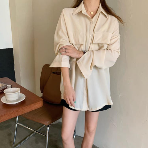 Double Pockets Colorful Loose Blouse Shirt
